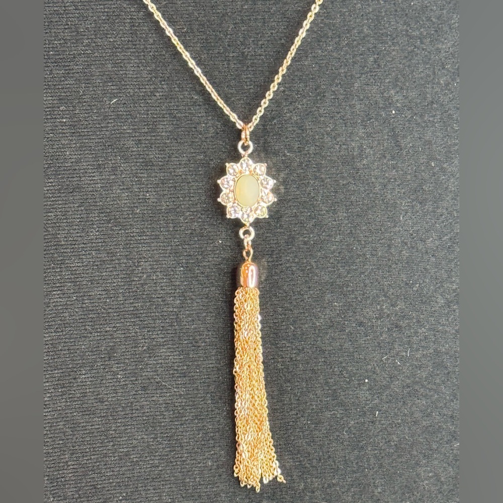 LC Lauren Conrad Rose Gold Tone 32 inch Crystal Mother of Pearl Pendant Tassel